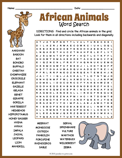 Free Printable Worksheets African Animals