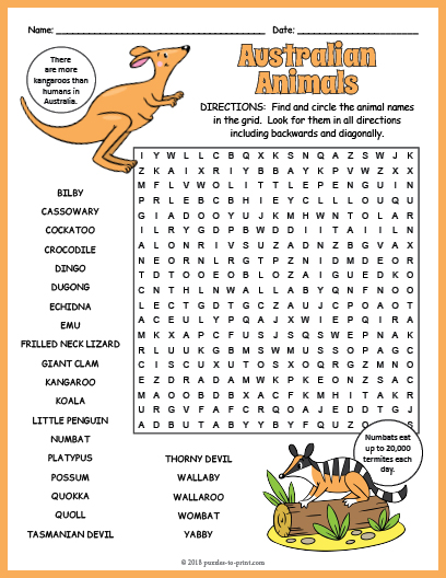 Australian Animal Word Search Free Printable