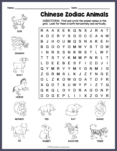 Chinese Zodiac Animals Word Search