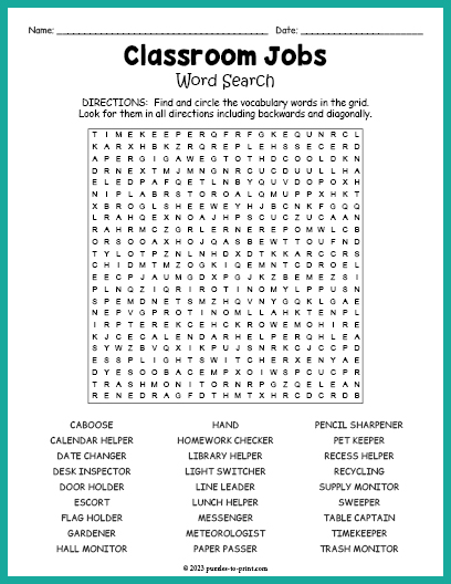 Classroom Jobs Word Search