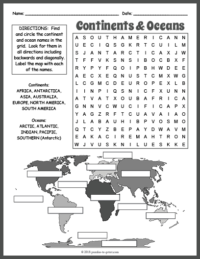 Continents and Oceans Word Search