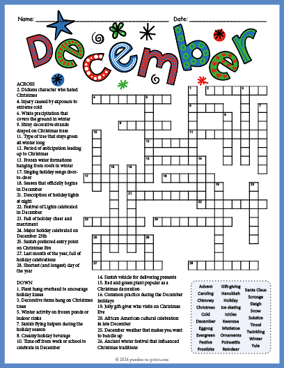 December Crossword Word Search