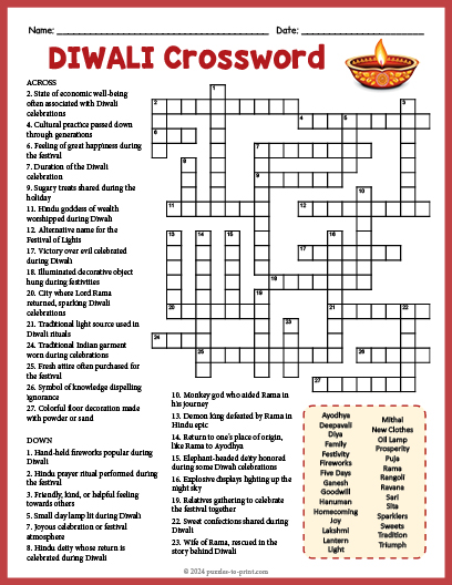 Diwali Crossword Word Search