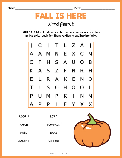easy fall word search printable puzzles