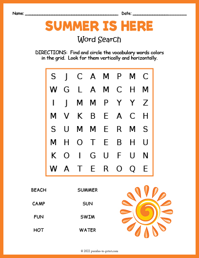 kids summer word search printable