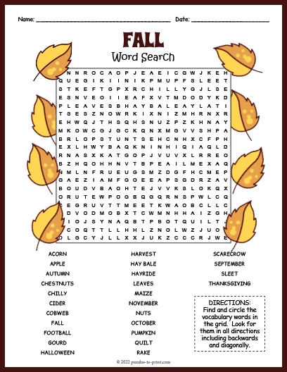 Free Printable Fall Word Search With Answer Key Find A Free Printable