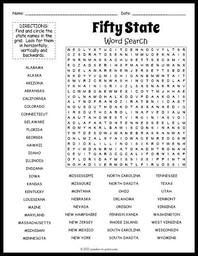 50 States Word Find Answer Key