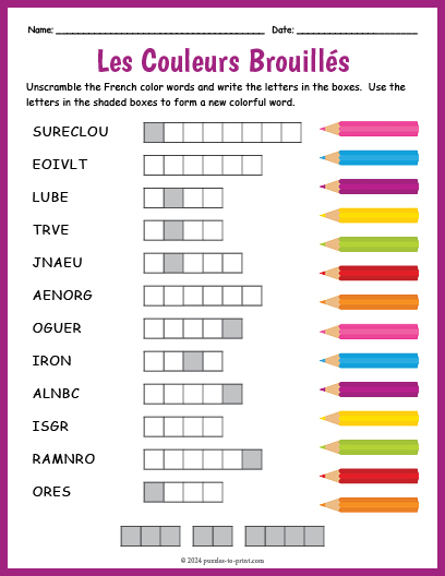 French Colors Word Scramble