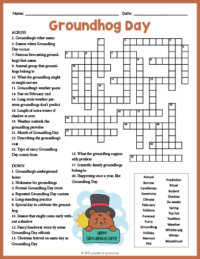 Groundhog Day Crossword Word Search