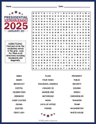 Inauguration Day 2025 Word Search