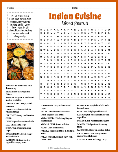 Indian Foods Word Search