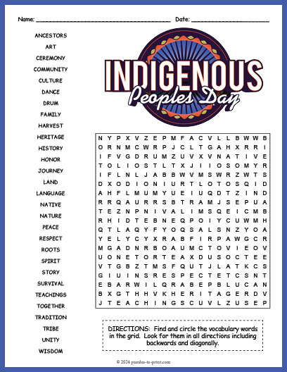 Indigenous Peoples Day Word Search