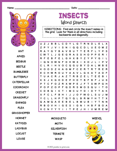 21 Insect Word Search Printable Free Coloring Pages