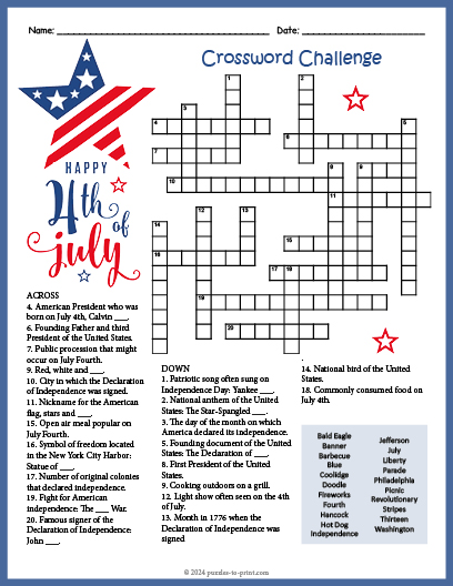 July Fourth Crossword Word Search