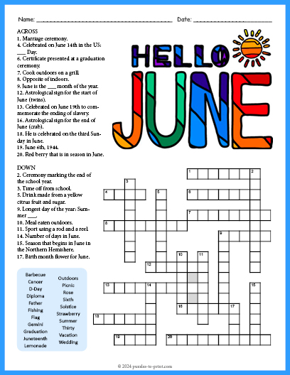 June Crossword Word Search