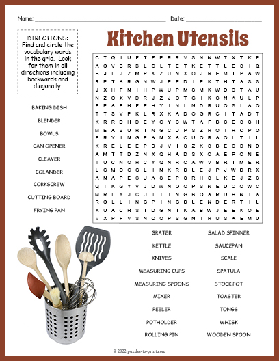 House Word Search   Kitchen Utensils Word Search 150 