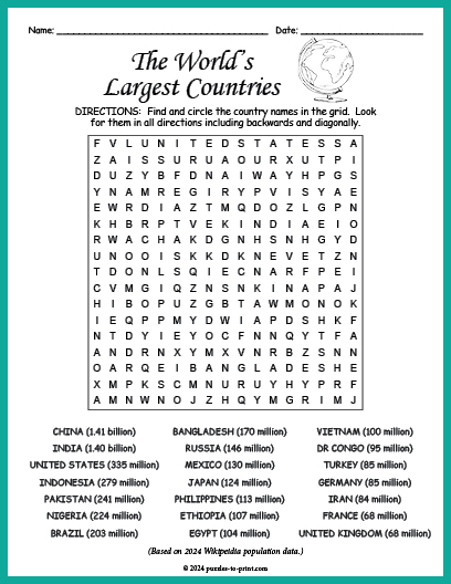 Largest Countries Word Search