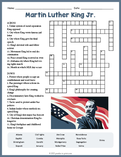 Martin Luther King Junior Crossword Word Search