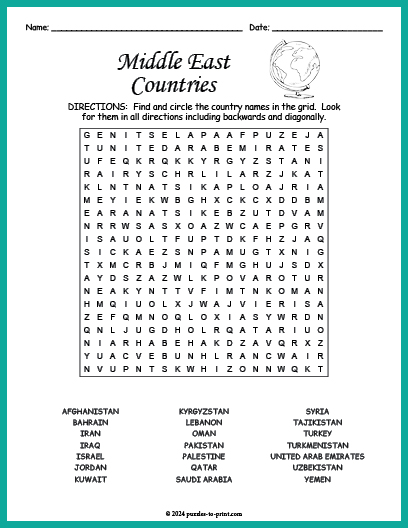 Middle East Countries Word Search