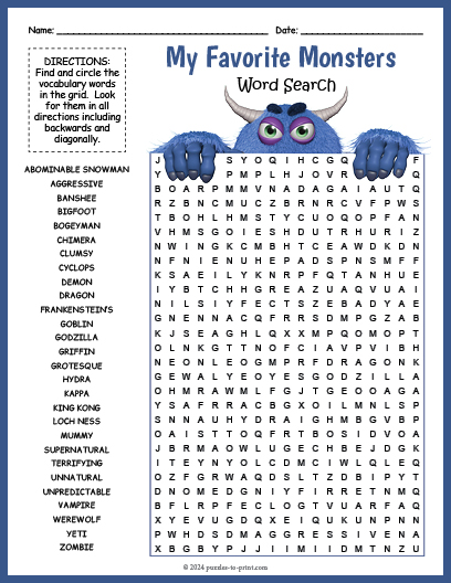 Monsters Word Search