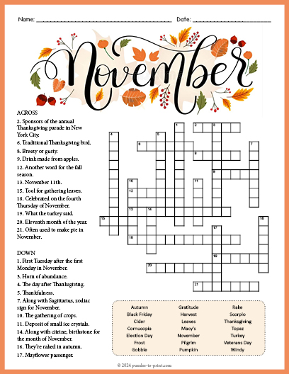 November Crossword Word Search