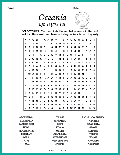 Oceania Word Search