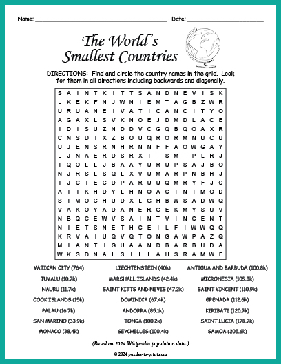 Smallest Countries Word Search