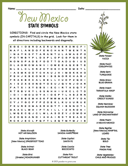 State Symbols of New Mexico Word Search