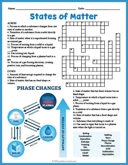 States of Matter Crossword Word Search