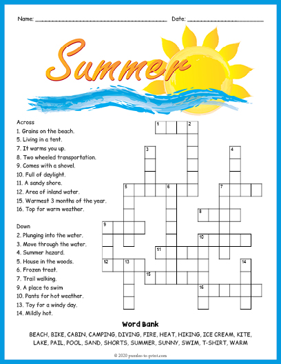 Free Printable Summer Crossword Puzzles For Adults Summer Activities
