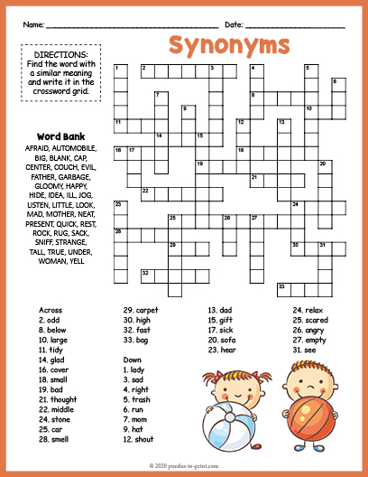 Synonym crosswords for grade 1 worksheets
