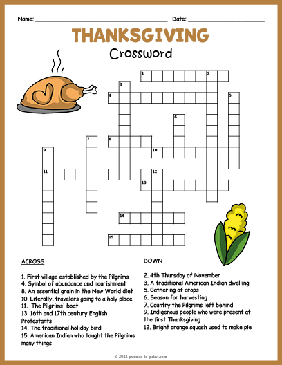 Puzzles To Print Thanksgiving Crossword Answers