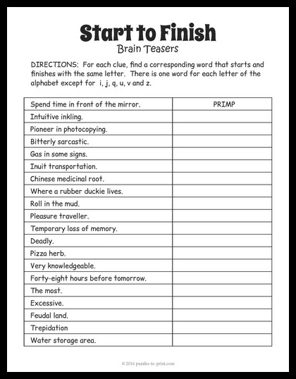 start to finish word brain teaser worksheet